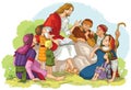 Jesus preaching to a group of people. Vector cartoon christian illustration