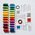 Also several bobbins wound with thread, along with some loose threads and Royalty Free Stock Photo