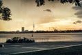 Alster Lake in Hamburg Germany View tv tower famous city park people rowing sailing panorama sky night