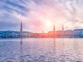 Alster Lake and winter panorama of Hamburg city