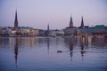 Alster river and Hamburg town hall - Rathaus at spring in evening twilight