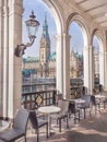 Alsterarkaden on Lake Kleine Alster in Hamburg, vertical view of historic Hamburg town hall