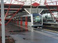 Alstom Metropolis metro street car on line 50 at th amsterdam network at station Duivendrecht