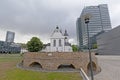 Alt Saint Heribert church, and modern officebuilding in Cologne