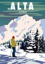 Alta Ski Travel resort poster vintage. Utah USA winter landscape travel card