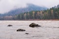 Altai landscape with morning mist clouds over mountain forest and river Katun Royalty Free Stock Photo