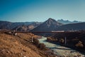 Altai mountains with tree house road