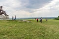 Altai, Russia - 2019, visitors to the monument to Vasily Shukshin on Mount Picket