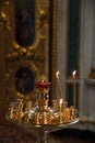 Altar and candles. Interior in the temple Orthodox Church. Christianity. Festive interior decoration with burning