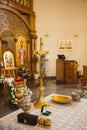 Altar at the church with ceremonial objects for Baptism Royalty Free Stock Photo