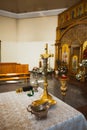 Altar at the church with ceremonial objects for Baptism Royalty Free Stock Photo
