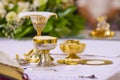 Altar with host and chalice with wine in the churches of the pope of rome, francesco Royalty Free Stock Photo