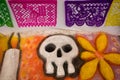 Altar for Day of the Dead in Mexico. This one is decorated with paper flag Royalty Free Stock Photo