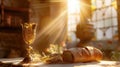 Altar with golden chalice and fresh bread in warm sunlight, representing unity and communion