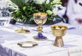 Altar with host and chalice with wine in the churches of the pope of rome, francesco
