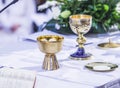Altar with host and chalice with wine in the churches of the pope of rome, francesco