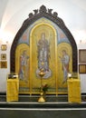 Altar icon with the image of Our Lady-Intercede, St. Nicholas, St. Panteleimon. Chapel of the Holy Great Martyr Healer Panteleimon Royalty Free Stock Photo