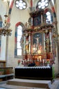 Altar. Inside the church. Ruins of medieval cistercian abbey in Transylvania. Royalty Free Stock Photo