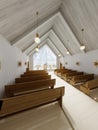 Altar and interior of the catalytic church with wooden benches and a large atrium window Royalty Free Stock Photo