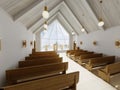 Altar and interior of the catalytic church with wooden benches and a large atrium window