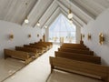 Altar and interior of the catalytic church with wooden benches and a large atrium window