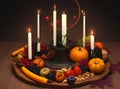 -altar for Mabon sabbat. fruits, pumpkins, candle, nuts and wheel of the year on abstract dark background Royalty Free Stock Photo