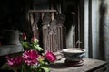 Altar with offerings Buddhist temple. Nimh Binh, Vietnam.