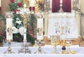 on the altar of the pyx and chalice mass they contain wine and hosts, blood and body of Christ Royalty Free Stock Photo