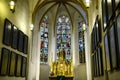 Altar and stained glass window of Lutheran St. Thomas Church Thomaskirche Interior in Leipzig, Germany. November 2019 Royalty Free Stock Photo