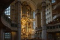 Altar of the woman church Dresden. Pipe organ of Frauenkirche Lutheran church in Dresden city, Germany