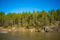 The Altay landscape with mountain river Katun and green rocks at spring time, Siberia, Altai Republic Royalty Free Stock Photo