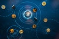 Altcoins revolve around Bitcoin in cosmos. Universe of Cryptocurrencies. Bitcoin domination symbol, market balance