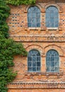 Old clinker house facade with two arched windows and vegetation, portrait format Royalty Free Stock Photo