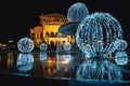 Alte Oper, Old Opera, concert hall, opera house in Frankfurt, Germany, with Christmas decorated fountain during winter evening Royalty Free Stock Photo