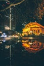 Alte Oper, Old Opera, concert hall, opera house in Frankfurt, Germany, with Christmas decorated fountain during winter evening Royalty Free Stock Photo