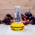 Alternate fuel , bio diesel in laboratory glass and red palm fruits set up on wooden background. Royalty Free Stock Photo
