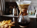 Alternating filter manual brewing of coffee close up. Devices for coffee in the background Royalty Free Stock Photo