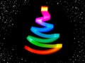 Alternative Christmas tree in colorful neon freezelight rays on black. Creative pattern with snow flakes. Xmas party