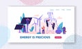 Alternative Clean Energy Concept with Solar Panels, Wind Turbines and Engineer Character Landing Page. Renewable Power Sources Royalty Free Stock Photo