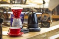 Alternative coffee brewing method, pure over, teapot on wooden table