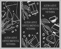 Alternative coffee brewing methods banner design templates. Drip, filter and syphon brewed drinks. Hand drawn vector outline