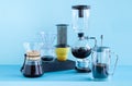 Alternative coffee brewing methods, chemex, pour over coffee maker, aeropress, french press, filter coffee, siphon Royalty Free Stock Photo