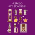 Alternative coffee brewing methods illustration set. Collection of colorful vector percolators