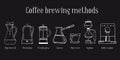 Alternative coffee brewing methods. Set of different coffee makers. Percolator, syphon, pour-over, cezve, french press. Hand drawn