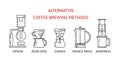 Alternative coffee brewing methods. Set vector black line icons. Siphon, pour over, chemex, french press, aeropress. Flat design.