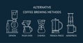 Alternative coffee brewing methods. Set vector white line icons. Siphon, pour over, chemex, french press, aeropress. Flat design.