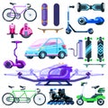 Alternative eco electric transport set. Vector flat vehicle illustration. Modern devices isolated on white background.