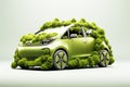 Alternative eco Grass covered car concept to power on a white background.