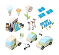 Alternative energy set. Solar panels green chargers industrial eco systems windmill modern isometric vector set Royalty Free Stock Photo