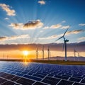 alternative energy solar panels and wind turbines in the desert at Royalty Free Stock Photo